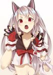  animal_ears azur_lane claw_pose claws commentary_request e_draw_paint fingerless_gloves gloves highres long_hair looking_at_viewer nail_polish navel open_mouth paw_pose red_eyes school_uniform serafuku silver_hair simple_background upper_body white_background yuudachi_(azur_lane) 