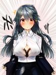  alternate_costume black_hair blush bra breasts bursting_breasts button_gap cleavage commentary_request eyebrows_visible_through_hair hair_ornament hairclip haruna_(kantai_collection) headgear highres kantai_collection large_breasts long_hair popped_button shirt solo speed_lines surprised tsukui_kachou underwear wardrobe_malfunction white_shirt 
