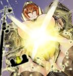  1girl breasts brown_eyes brown_hair crotch_plate embers energy erect_nipples gamera gamera_(cosplay) gamera_(series) genderswap giant_monster giantess glowing gluteal_fold huge_breasts kaijuu monster monster_girl open_mouth personification saizu_nitou_gunsou solo topless turtle tusks 