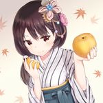  black_hair brown_eyes dargo eating eyebrows_visible_through_hair food fruit hair_ornament hair_over_shoulder highres holding holding_food holding_fruit japanese_clothes leaf long_hair maple_leaf oshiro_project oshiro_project_re pear solo tottori_(oshiro_project) upper_body 