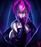  bangs blue_triangular breasts cleavage evelynn facial_mark fingernails hair_between_eyes highres large_breasts league_of_legends leaning_forward lipstick looking_at_viewer makeup mascara multicolored_hair pale_skin pink_hair purple_lipstick sharp_fingernails sidelocks slit_pupils smile two-tone_hair white_hair yellow_eyes 