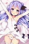  armpits arms_up azur_lane bangs black_ribbon blue_eyes blush breasts commentary_request detached_sleeves dress dress_lift eyebrows_visible_through_hair eyes_visible_through_hair hair_bun hair_ornament hair_ribbon halterneck heart heart-shaped_pupils highres long_hair looking_at_viewer open_mouth panties purple_eyes ribbon small_breasts solo symbol-shaped_pupils thighhighs unacchi_(nyusankin) underwear unicorn_(azur_lane) white_dress white_legwear white_panties 