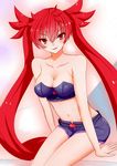  1girl aq_interactive arcana_heart arcana_heart_3 artist_request bare_shoulders collarbone crop_top examu navel open_mouth red_eyes red_hair scharlachrot shorts sitting smile stomach twintails very_long_hair 