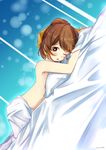  bed blackma_(pagus0012) blue_background blush bow breasts brown_eyes brown_hair dyute_(fire_emblem) fang fire_emblem fire_emblem_echoes:_mou_hitori_no_eiyuuou highres long_hair lying naked_sheet navel on_stomach open_mouth ponytail small_breasts solo topless 