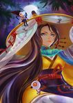  absurdres bird_legs black_hair blue_eyes creature dual_persona eyebrows highres le_(huanglongen) long_hair looking_at_viewer mask miniature moon multiple_girls night onmyoji outdoors parted_lips ubume_(onmyoji) very_long_hair winged_arms 