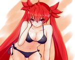  1girl aq_interactive arcana_heart arcana_heart_3 artist_request bikini blush breasts cleavage examu highres leaning leaning_forward looking_at_viewer medium_breasts navel open_mouth red_eyes red_hair scharlachrot side-tie_panties solo stomach twintails very_long_hair 