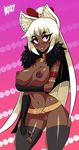  animal_ears belt bigdead93 blush breasts choker cowboy_shot dark_skin highres long_hair looking_at_viewer nipples open_mouth original pussy red_eyes smile solo thighhighs uncensored white_hair 