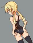  adjusting_clothes adjusting_swimsuit ahoge alternate_costume ass bare_arms bare_shoulders black_swimsuit blonde_hair blush cowboy_shot dutch_angle eyebrows_visible_through_hair from_behind grey_background hair_tie hand_on_hip hand_under_clothes hand_under_swimsuit ichidai_taisa kantai_collection legs_apart long_hair looking_at_viewer looking_back low_twintails one-piece_swimsuit satsuki_(kantai_collection) school_swimsuit simple_background solo standing swimsuit thighhighs twintails very_long_hair yellow_eyes 