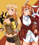  2girls blonde_hair blue_eyes blush breasts brown_hair charlotte_e_yeager large_breasts multiple_girls panties purple_eyes rwby shorts smile strike_witches white_panties world_witches_series yang_xiao_long 