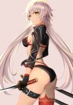  1girl ass bangs bikini black_bikini black_choker black_jacket breasts choker cropped_jacket eyebrows_visible_through_hair fate/grand_order fate_(series) from_side hair_between_eyes holding holding_sword holding_weapon jacket jeanne_d&#039;arc_(alter_swimsuit_berserker) jeanne_d&#039;arc_(fate)_(all) katana long_hair looking_at_viewer looking_back medium_breasts parted_lips red_legwear shrug_(clothing) single_thighhigh solo swimsuit sword thigh_strap thighhighs very_long_hair weapon white_hair xian_yu yellow_eyes 