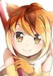  animal_ears bare_shoulders blonde_hair blurry bracelet brown_eyes brown_hair circlet commentary elbow_gloves eyebrows_visible_through_hair eyes_visible_through_hair face gloves golden_snub-nosed_monkey_(kemono_friends) highres jewelry kemono_friends long_hair looking_at_viewer monkey_ears multicolored_hair orange_gloves orange_hair ponytail smile solo staff yasume_yukito 
