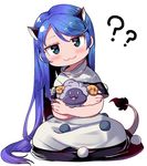  :3 ?? anarogumaaa animal_ears antinomy_of_common_flowers bangs bare_arms blue_eyes blue_hair capelet commentary_request doremy_sweet dress full_body gradient_hair head_tilt long_hair looking_at_viewer multicolored_hair pom_pom_(clothes) purple_hair sheep simple_background sitting smile solo tail tapir_tail touhou turtleneck very_long_hair white_background 
