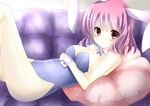  amane_ruri animal_ears bare_legs breasts bunny_ears bunny_girl bunnysuit chair cleavage detached_collar highres medium_breasts pillow pink_eyes pink_hair revision saigyouji_yuyuko short_hair smile solo touhou 