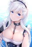  azur_lane bangs bare_arms belfast_(azur_lane) between_breasts black_gloves blue_eyes blush braid breasts chain chain_between_breasts cleavage closed_mouth collarbone commentary_request dress eyebrows_visible_through_hair french_braid from_above gloves headdress highres light_smile long_hair looking_at_viewer medium_breasts myusha ocean silver_hair smile solo upper_body white_dress 