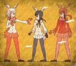  bangs bird_tail black-headed_ibis_(kemono_friends) black_gloves black_hair black_legwear blunt_bangs commentary_request crack egyptian_art from_side fur_collar gloves gradient_hair hand_on_own_chest head_wings highres japanese_crested_ibis_(kemono_friends) kemono_friends kita_(7kita) long_hair long_sleeves multicolored_hair multiple_girls outstretched_arm pantyhose pink_legwear pleated_skirt pleated_sleeves profile red_gloves red_hair red_legwear red_shirt red_skirt scarlet_ibis_(kemono_friends) shirt shoes skirt white_hair white_shirt white_skirt yellow_background 