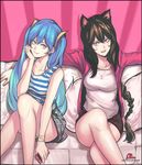  :d ahri alternate_costume animal_ears bangs bare_legs black_hair black_skirt blue_eyes blue_hair braid breasts cal_(pmgdd) casual commentary crossed_legs fang fox_ears fox_girl fox_tail jewelry league_of_legends legs long_hair long_sleeves looking_at_viewer medium_breasts multiple_girls necklace open_mouth outstretched_arms phone plaid plaid_skirt red_eyes shirt shorts single_braid sitting skirt sleeveless sleeveless_shirt smile sona_buvelle spread_arms striped striped_shirt tail tank_top twintails very_long_hair watermark web_address whisker_markings white_shirt 