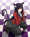  animal_ears bangs black_hair black_legwear blunt_bangs breasts cat_ears cat_tail checkered checkered_floor full_body hime_cut jabami_yumeko kakegurui large_breasts lips loafers long_hair looking_at_viewer nail_polish pantyhose parted_lips pink_lips pink_nails print_skirt purple_eyes school_uniform seiza shoes sitting skirt smile solo tail thumb_ring tk_(butakuma) very_long_hair 