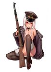  absurdres bad_id bad_pixiv_id black_choker bloodcandy bolt_action choker coat convenient_leg cross_choker flat_chest fur_coat girls_frontline gun hair_censor hat highres iron_cross kar98k_(girls_frontline) looking_at_viewer mauser_98 nude open_clothes open_coat peaked_cap red_eyes rifle sitting solo thighhighs weapon white_background white_hair 