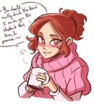  absurdres alternate_hairstyle blush brown_eyes brown_hair coffee_mug commentary cup english hair_pulled_back highres mug okumura_haru persona persona_5 pink_sweater ribbed_sweater scruffyturtles solo sweater 
