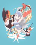  :d aqua_hair badge beak bird bird_wings blue_background blue_eyes blue_hat blue_skirt breasts buttons collared_shirt elite_four eyelashes feathered_wings feathers fingernails fire flying from_above full_body gen_7_pokemon gloves golf_club hat highres holding holding_golf_club kahili_(pokemon) kneehighs long_hair looking_at_viewer md5_mismatch medium_breasts miniskirt mole mole_under_eye nomura_(buroriidesu) open_mouth orange_legwear oricorio outstretched_arm pencil_skirt pokemon pokemon_(creature) pokemon_(game) pokemon_sm revision shirt shoes short_sleeves single_glove skirt smile standing striped striped_shirt talons tongue tongue_out toucan toucannon trumbeak v-shaped_eyebrows visor_cap white_footwear white_gloves wings 