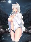  black_panties breasts character_request cleavage collarbone commentary_request dungeon_and_fighter full_moon grey_eyes large_breasts long_hair long_sleeves looking_at_viewer moon navel night night_sky outdoors panties see-through shaojiang shirt silver_hair sky solo standing tree underwear wet wet_clothes white_shirt 
