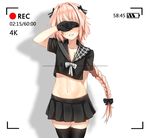  :d arm_behind_back arm_up astolfo_(fate) black_bow black_gloves black_legwear black_ribbon black_serafuku black_shirt black_skirt blush bow braid cosplay covering_eyes cowboy_shot crop_top facing_viewer fate/apocrypha fate_(series) girls_frontline gloves grin hair_bow hair_ribbon highres long_hair male_focus multicolored_hair navel ookubo_rumi open_mouth otoko_no_ko ouroboros_(girls_frontline) ouroboros_(girls_frontline)_(cosplay) pink_hair pleated_skirt recording ribbon school_uniform seiyuu_connection serafuku shadow shirt short_sleeves simple_background single_braid single_glove skirt smile stomach streaked_hair teeth thigh_gap thighhighs ukeuke very_long_hair viewfinder white_background white_bow white_hair zettai_ryouiki 