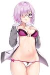  :d ass_visible_through_thighs bad_id bad_pixiv_id blush bow bra breasts collarbone commentary_request cowboy_shot fate/grand_order fate_(series) front-tie_bra glasses groin hair_over_one_eye hands_on_own_chest jacket long_sleeves looking_at_viewer mamemena mash_kyrielight medium_breasts navel open_clothes open_jacket open_mouth panties parted_lips pink_bow pink_bra pink_eyes pink_hair semi-rimless_eyewear shiny shiny_skin short_hair side-tie_panties simple_background skindentation sleeves_past_wrists smile solo standing stomach striped striped_panties thigh_gap thighs track_jacket under-rim_eyewear underwear white_background white_bow white_jacket white_panties 
