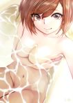  1girl armpits breast_hold breasts collarbone eyebrows_visible_through_hair groin hair_between_eyes highres large_breasts looking_at_viewer midriff navel nude original partially_submerged smile solo souryu stomach water 
