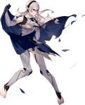 armor barefoot blush bthx cape female_my_unit_(fire_emblem_if) fire_emblem fire_emblem_heroes fire_emblem_if full_body hairband highres long_hair mamkute my_unit_(fire_emblem_if) official_art pointy_ears red_eyes stone torn_clothes transparent_background white_hair 
