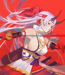  armor bow breasts fate/grand_order fate_(series) gloves hachimaki hair_bow headband highres horns japanese_armor japanese_clothes katana large_breasts long_hair oni oni_horns red_background red_cucumber red_eyes sideboob solo sword tomoe_gozen_(fate/grand_order) weapon white_hair 