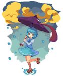  bangs bare_legs blue_eyes blue_hair blue_skirt blue_vest blush breasts closed_mouth cloud cloudy_sky eyebrows eyebrows_visible_through_hair full_body geta heterochromia holding holding_umbrella karakasa_obake leg_up long_sleeves looking_away looking_to_the_side lowres miniskirt no_nose no_pupils one-eyed pixel_art puddle puffy_long_sleeves puffy_short_sleeves puffy_sleeves purple_umbrella rain raised_eyebrows red_eyes shirt short_hair short_over_long_sleeves short_sleeves simple_background skirt skirt_set sky sleeves_past_wrists small_breasts smile solo splashing standing standing_on_one_leg tareme tatara_kogasa tongue tongue_out touhou umbrella vest vixiv water white_background white_shirt 