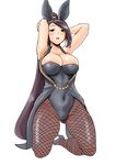  absurdres ac_butsupa animal_ears areola_slip areolae armpits arms_behind_head arms_up black_eyes breasts bunny_ears bunnysuit cleavage covered_navel dragon_quest dragon_quest_xi fake_animal_ears fishnet_pantyhose fishnets high_heels highres large_breasts leotard long_hair martina_(dq11) pantyhose ponytail purple_hair simple_background solo very_long_hair white_background 