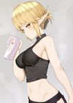  aegis_(takunomi) arm_at_side bare_shoulders blonde_hair breasts folded_ponytail from_side green_eyes grey_background halter_top halterneck highres impossible_clothes impossible_shirt large_breasts looking_at_viewer midriff navel original parted_lips pointy_ears shirt short_hair sideboob simple_background solo sweat takunomi towel tsurime white_towel 