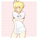 ahoge atair blonde_hair blush breast_hold breasts fate_(series) gym_uniform looking_at_viewer medium_breasts name_tag nero_claudius_(fate) nero_claudius_(fate)_(all) olympian_bloomers shirt_tug solo 