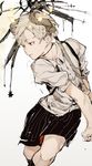  black_shorts blonde_hair brown_eyes closed_mouth grey_shirt highres hiranko horns looking_to_the_side male_focus original shirt short_sleeves shorts solo sparkle standing white_background 