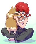  :d animal baggy_pants bangs bare_shoulders barefoot blue_eyes blush braid dog full_body genderswap genderswap_(mtf) holding holding_animal indian_style long_hair open_mouth pants ranma-chan ranma_1/2 red_hair saotome_ranma single_braid sitting smile solo tank_top wanta_(futoshi) welsh_corgi 