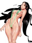  arched_back ass_visible_through_thighs bangs black_hair breasts brown_eyes cameltoe cleavage commentary covered_nipples eyebrows forehead highres hip_bones lips long_hair medium_breasts navel original parted_bangs saejin_oh shiny shiny_skin slingshot_swimsuit smile solo strap_gap swimsuit 