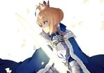  ahoge armor armored_dress artoria_pendragon_(all) blonde_hair blue_cape cape coat crown dress excalibur fate/grand_order fate/stay_night fate_(series) fighting_stance fur-trimmed_cape fur_trim gauntlets glint glowing glowing_sword glowing_weapon green_eyes hatsuko holding holding_sword holding_weapon looking_afar saber solo sparkle sword weapon 