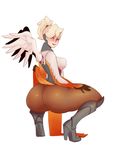  1girl armor ass blonde_hair blue_eyes blush bodysuit breasts huge_ass looking_down mercy_(overwatch) overwatch pantyhose ponytail short_hair short_ponytail sideboob smile solo squatting sunnysundown sweat thick_thighs wings 