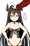 1girl bangs bare_shoulders black_hair breasts chixiao collarbone commentary_request crossed_bangs eyebrows_visible_through_hair fang girls_frontline hair_between_eyes highres jitome judge_(girls_frontline) looking_at_viewer medium_breasts navel open_mouth out_of_frame petting pov sangvis_ferri simple_background solo_focus spoken_ellipsis sweatdrop upper_body white_background 