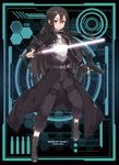  black_footwear black_gloves black_hair black_legwear boots copyright_name energy_sword fingerless_gloves full_body gabiran gloves gun hair_between_eyes handgun kirito kirito_(sao-ggo) lightsaber long_hair looking_at_viewer male_focus pants purple_eyes solo standing sword sword_art_online very_long_hair weapon 