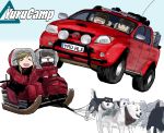  4girls :d blue_hair car dog down_jacket glasses goggles goggles_on_head ground_vehicle highres inuyama_aoi kagamihara_nadeshiko miraruto_(h3yja) motor_vehicle multiple_girls oogaki_chiaki open_mouth parody pink_hair searchlight shima_rin sled smile top_gear toyota toyota_hilux yurucamp 