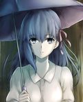  bangs blue_eyes blue_hair commentary_request expressionless fate/stay_night fate_(series) hair_ribbon heaven's_feel highres long_hair looking_at_viewer matou_sakura parted_lips ribbon sataking shirt umbrella upper_body white_shirt 