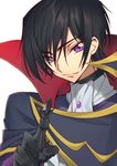  black_gloves black_hair cape chess_piece closed_mouth code_geass cravat creayus eyebrows_visible_through_hair eyes_visible_through_hair gem gloves hair_between_eyes high_collar holding king_(chess) lelouch_lamperouge looking_at_viewer male_focus purple_eyes simple_background smile solo upper_body white_background white_neckwear zero_(code_geass) 