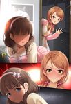  angry blue_eyes blush brown_eyes brown_hair comic commentary eyebrows_visible_through_hair hairband highres houjou_karen idolmaster idolmaster_cinderella_girls kazu long_hair looking_at_viewer low_twintails multiple_girls p-head_producer producer_(idolmaster) sakuma_mayu short_hair silent_comic smile twintails 