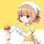  :o apron bangs blend_s blush brown_hair collared_shirt commentary_request eyebrows_visible_through_hair food frilled_apron frills fruit gloves goth_risuto hair_between_eyes hair_ribbon head_scarf holding hoshikawa_mafuyu ice_cream looking_at_viewer parfait parted_lips pastry_bag pocky purple_eyes purple_ribbon revision ribbon shirt short_hair short_sleeves simple_background skirt solo stile_uniform strawberry tareme two-tone_background uniform waist_apron waitress white_apron white_background white_gloves yellow_background yellow_shirt yellow_skirt 