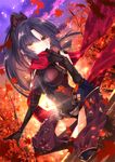  autumn autumn_leaves bangs black_bodysuit black_hair bodysuit breasts fate/grand_order fate_(series) hair_ribbon high_ponytail highres iroha_(shiki) katou_danzou_(fate/grand_order) leaf long_hair mechanical_arm medium_breasts outdoors ponytail red_ribbon red_scarf ribbon robot_joints scarf sky solo yellow_eyes 