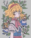  alice_margatroid blue_dress blue_eyes branch capelet closed_mouth dress expressionless hairband lolita_hairband looking_at_viewer sash shanghai_doll short_hair slit_pupils smr03 solo touhou 