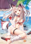  :d absurdres animal_ears arm_support azur_lane bangs barefoot beach beach_umbrella bikini blue_nails blue_sky blurry blurry_foreground blush bow braid breasts bucket claw_pose cleavage cloud cloudy_sky commentary_request day depth_of_field fingerless_gloves fingernails frilled_bikini_top front-tie_top gloves grey_hair highres horizon jacket leg_warmers long_fingernails long_hair looking_at_viewer medium_breasts multicolored multicolored_nails nail_polish navel ocean off_shoulder open_mouth outdoors pink_nails purple_nails red_bikini red_bow red_eyes red_gloves ribbon-trimmed_bikini ribbon-trimmed_gloves ribbon_trim see-through sitting sky smile solo swimsuit tail thick_eyebrows torpedo two_side_up umbrella upper_teeth very_long_hair yokozuwari yuhuan yuudachi_(azur_lane) 