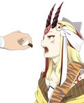  1girl blonde_hair chocolate fangs fate/grand_order fate_(series) feeding food forehead from_side fujimaru_ritsuka_(male) holding holding_food horns ibaraki_douji_(fate/grand_order) japanese_clothes long_hair long_sleeves mattaku_mousuke oni_horns open_mouth out_of_frame sidelocks simple_background slit_pupils solo_focus teeth wavy_hair white_background yellow_eyes 